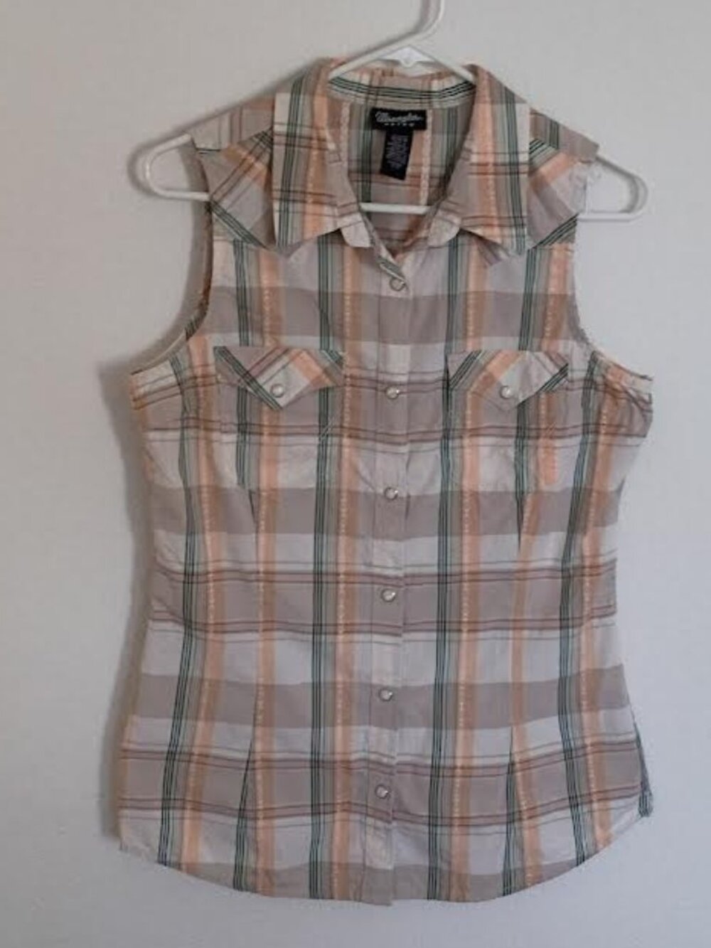 WRANGLER RETRO WOMEN'S TOP TAN GREEN PLAID SLEEVELESS PEARL SNAP COWGIRL SIZE M